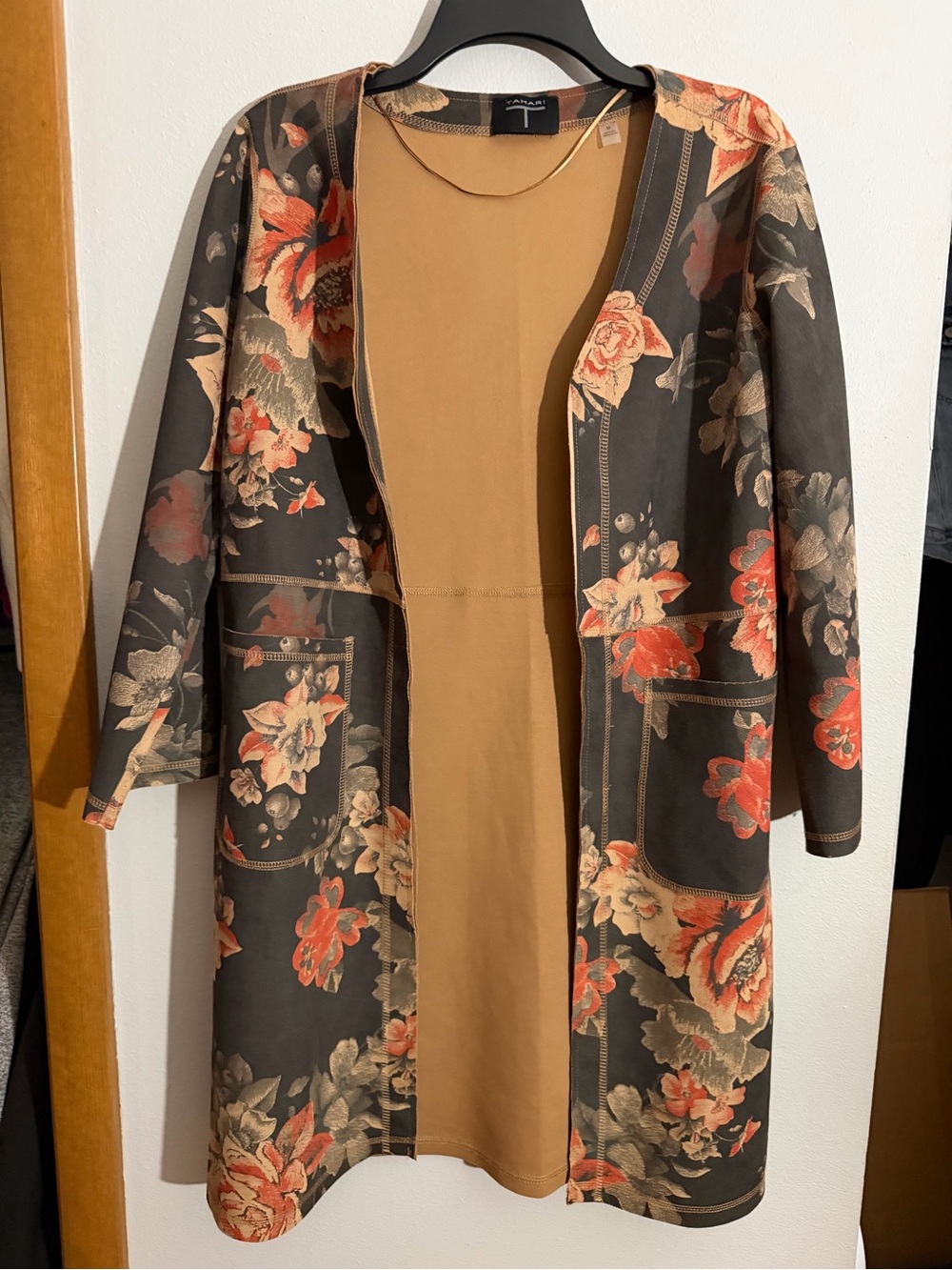 Tahari Black Floral Open-Front Long Coat with Tan Interior